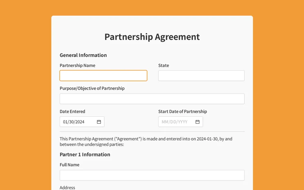 Partnership Agreement Form Template template image