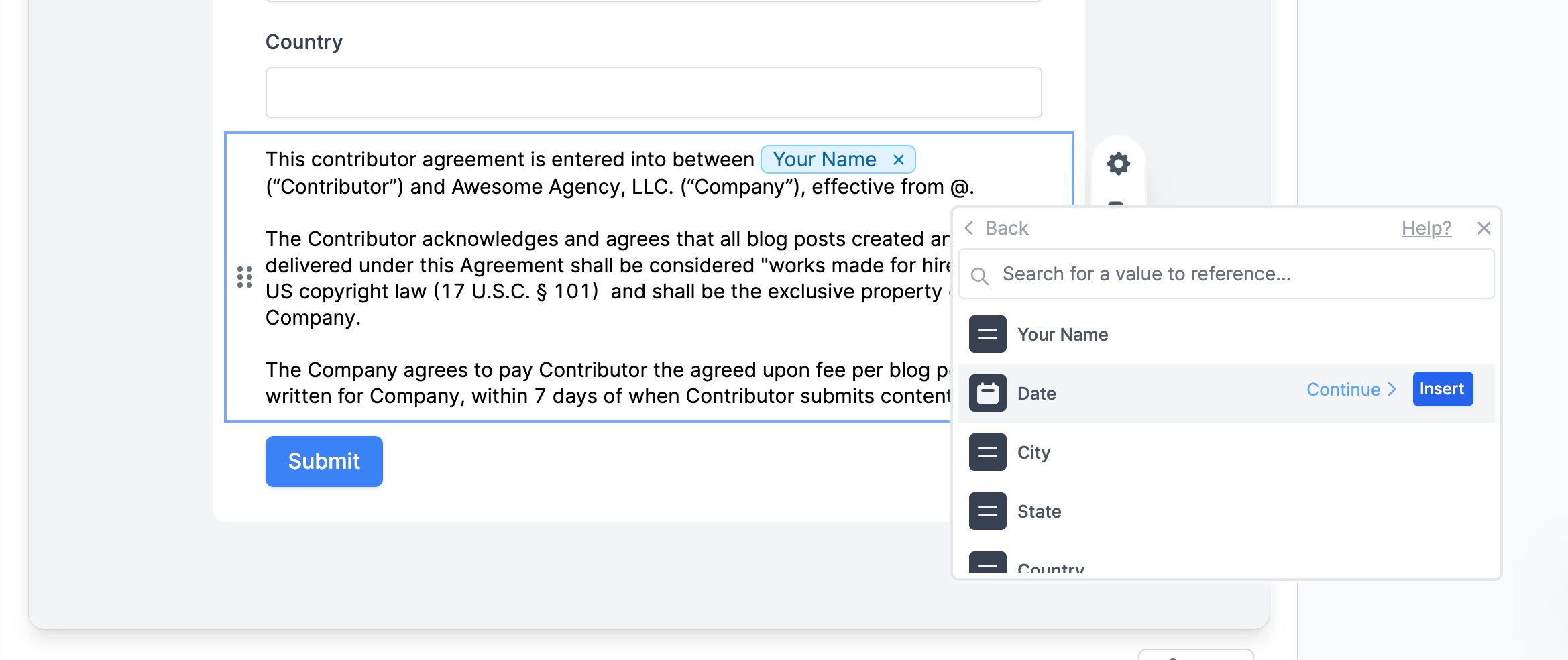 Add names, dates, and more to your contract text, with Fillavo form values
