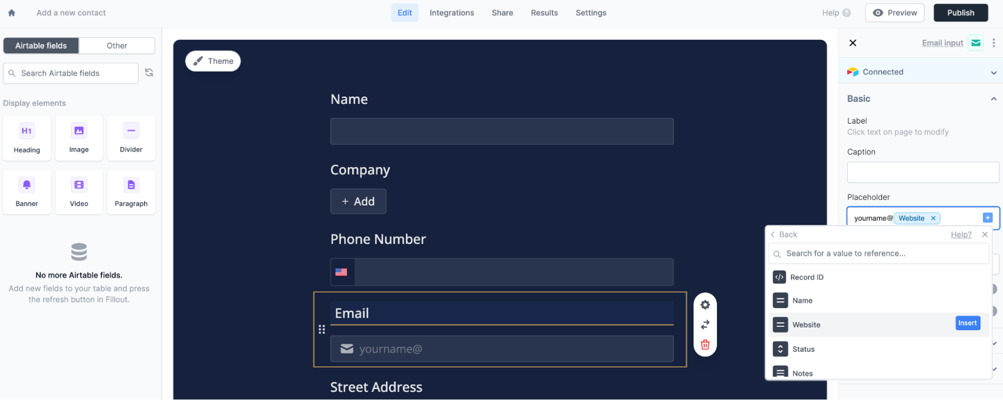 A Fillavo form’s Airtable integration can turn database fields into form fields, and pull in company details from a CRM
