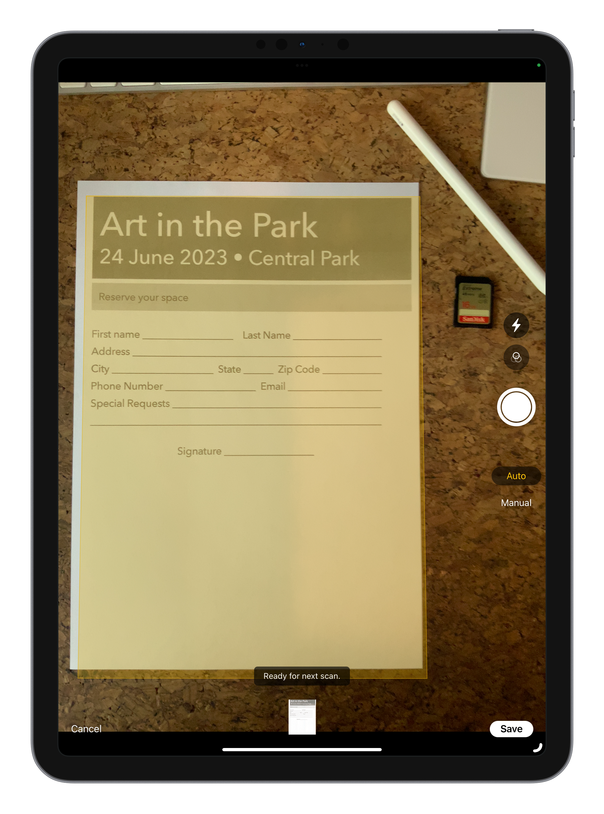 Apple Notes on iPad and iPhone includes a built-in document scanner tool—perfect to digitize paper forms