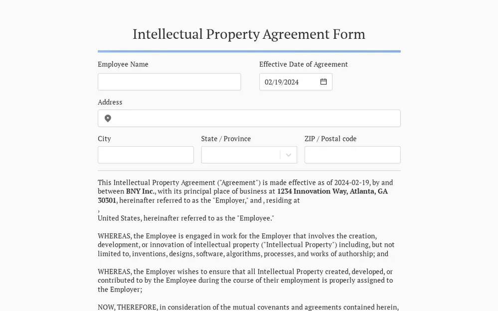 Intellectual Property Agreement Form Template template preview