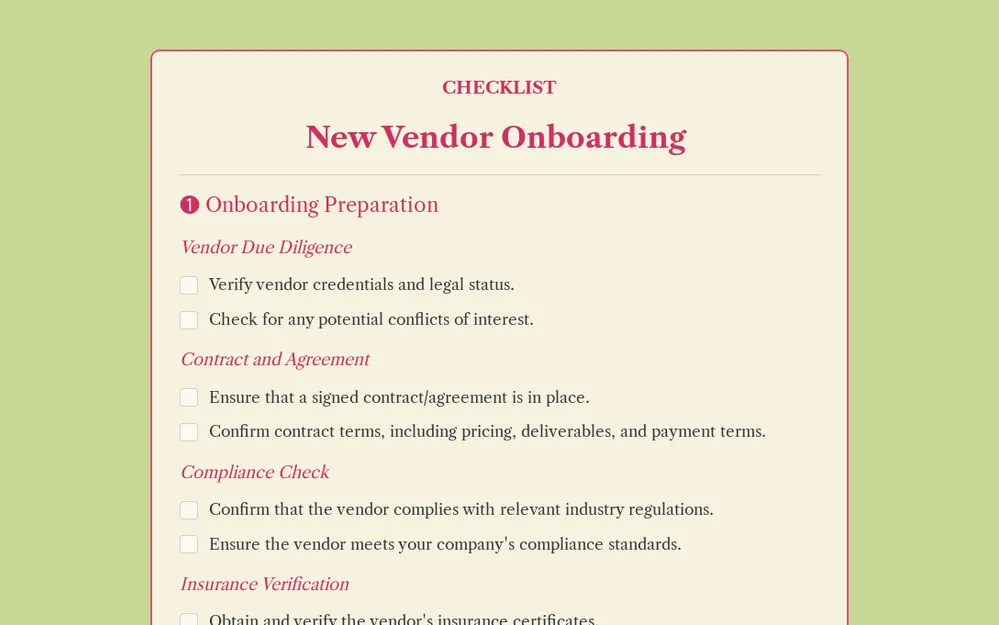 New Vendor Onboarding Checklist Template template preview