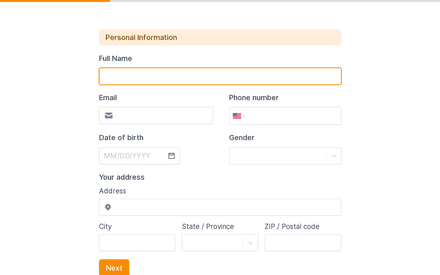 Personal Information form page preview